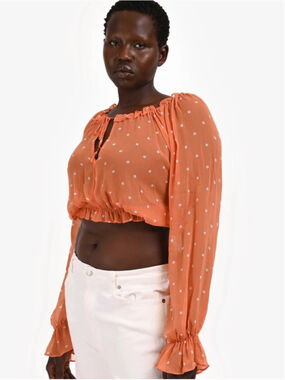 For Love & Lemons Orange/White Polka Dot Sheer Long Sleeve Crop Blouse Sz Large